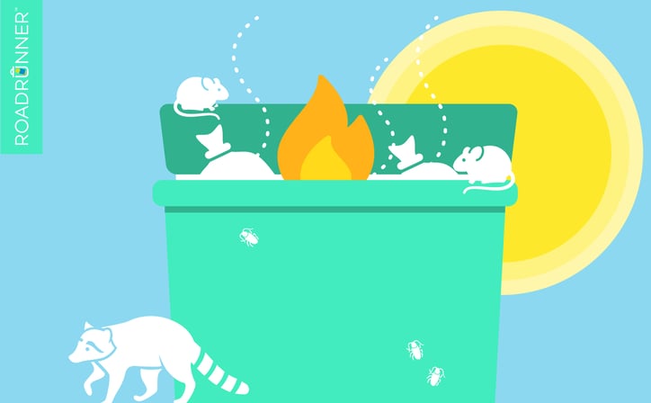 A green dumpster with rats and cockroaches crawling over it, fire burning inside it, and smells wafting from it against the background of a yellow sun.